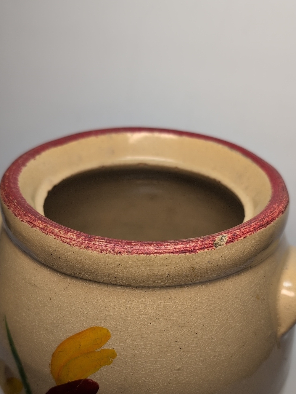 vintage 1930s Ransburg Hand-Painted stoneware cookie jar w/ Red & Yellow floral - Picture 11 of 14